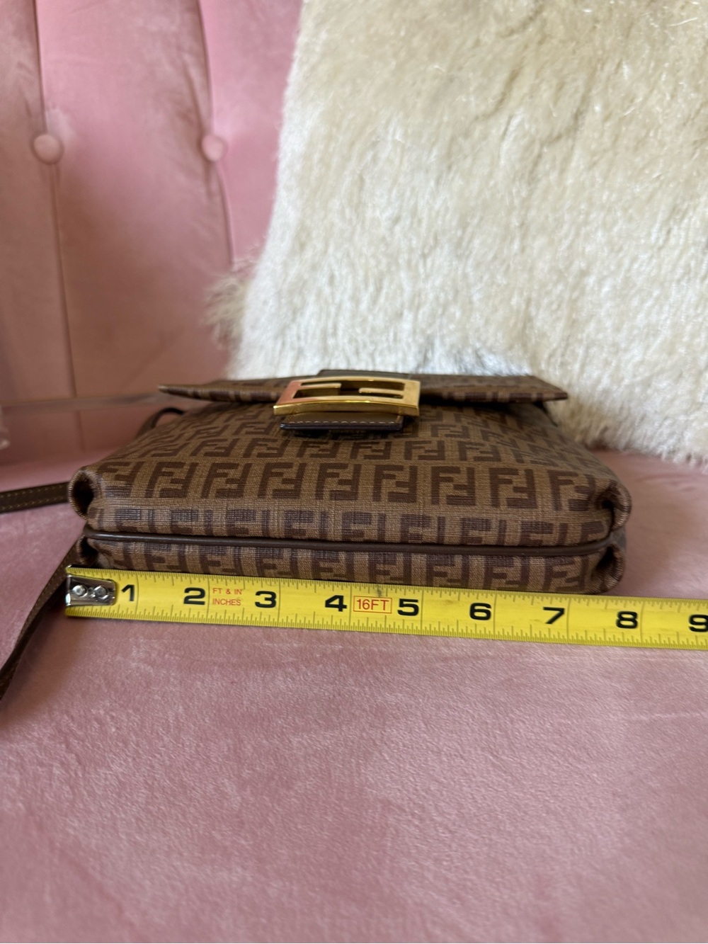 💯AUTH FENDI Brown Zucchino Spalmati Crossbody Bag with Gold-Tone FF Buckle - Picture 8 of 16